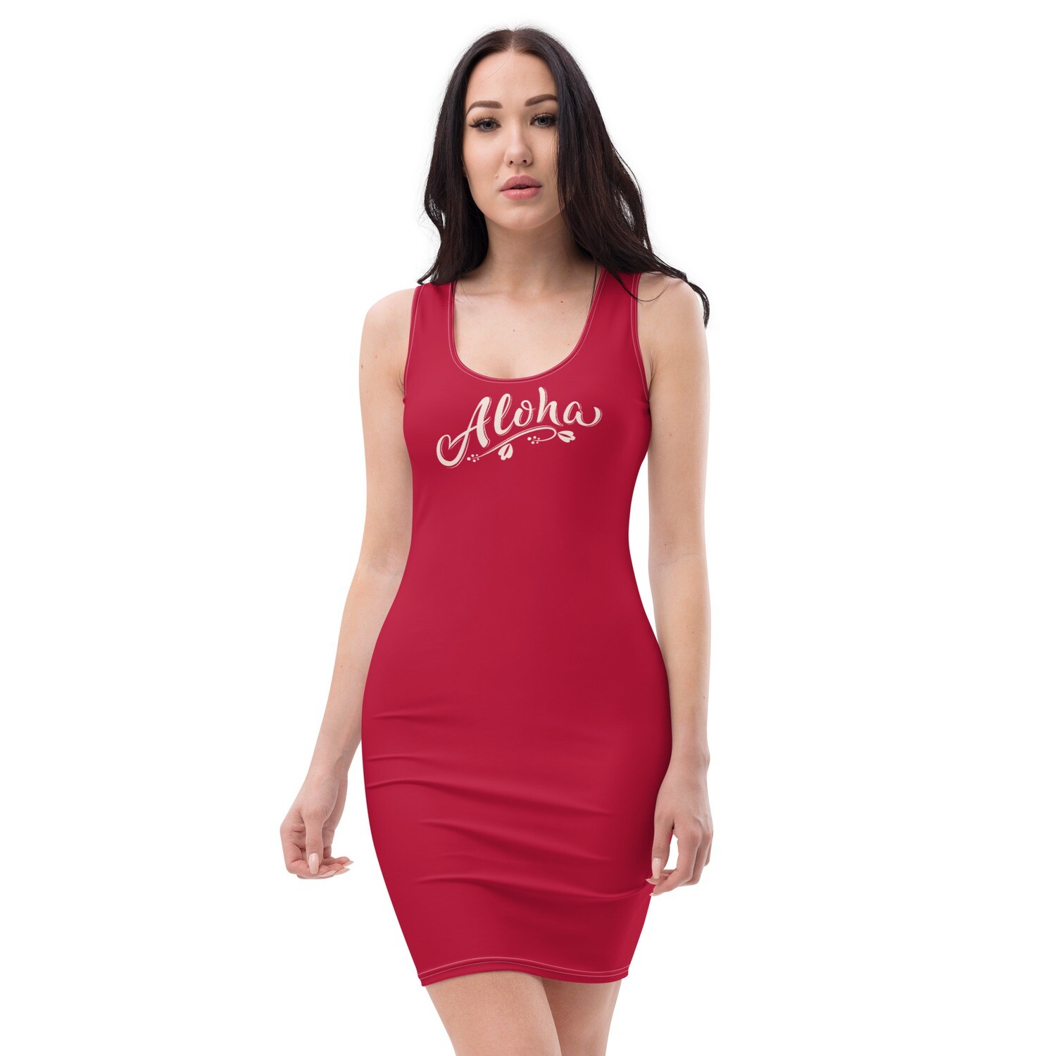 Hibiscus red bodycon dress with Hawaiian greeting in sizes XS-XL