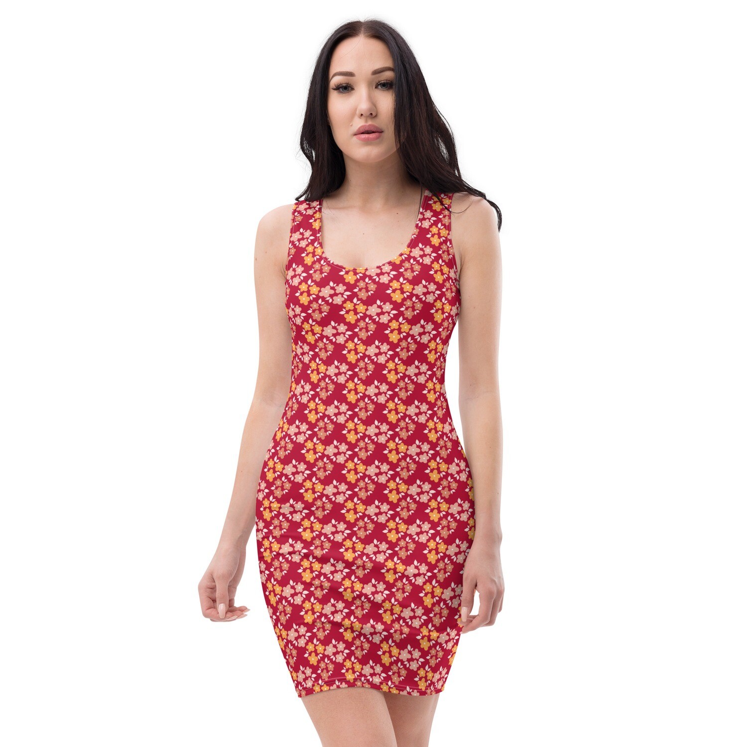 Hibiscus red stretchy tight bodycon dress with retro flowers in sizes XS-XL