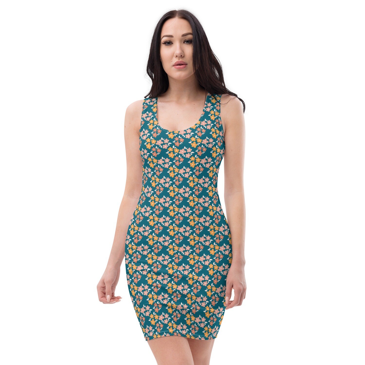 Dark turquoise bodycon dress with retro floral pattern