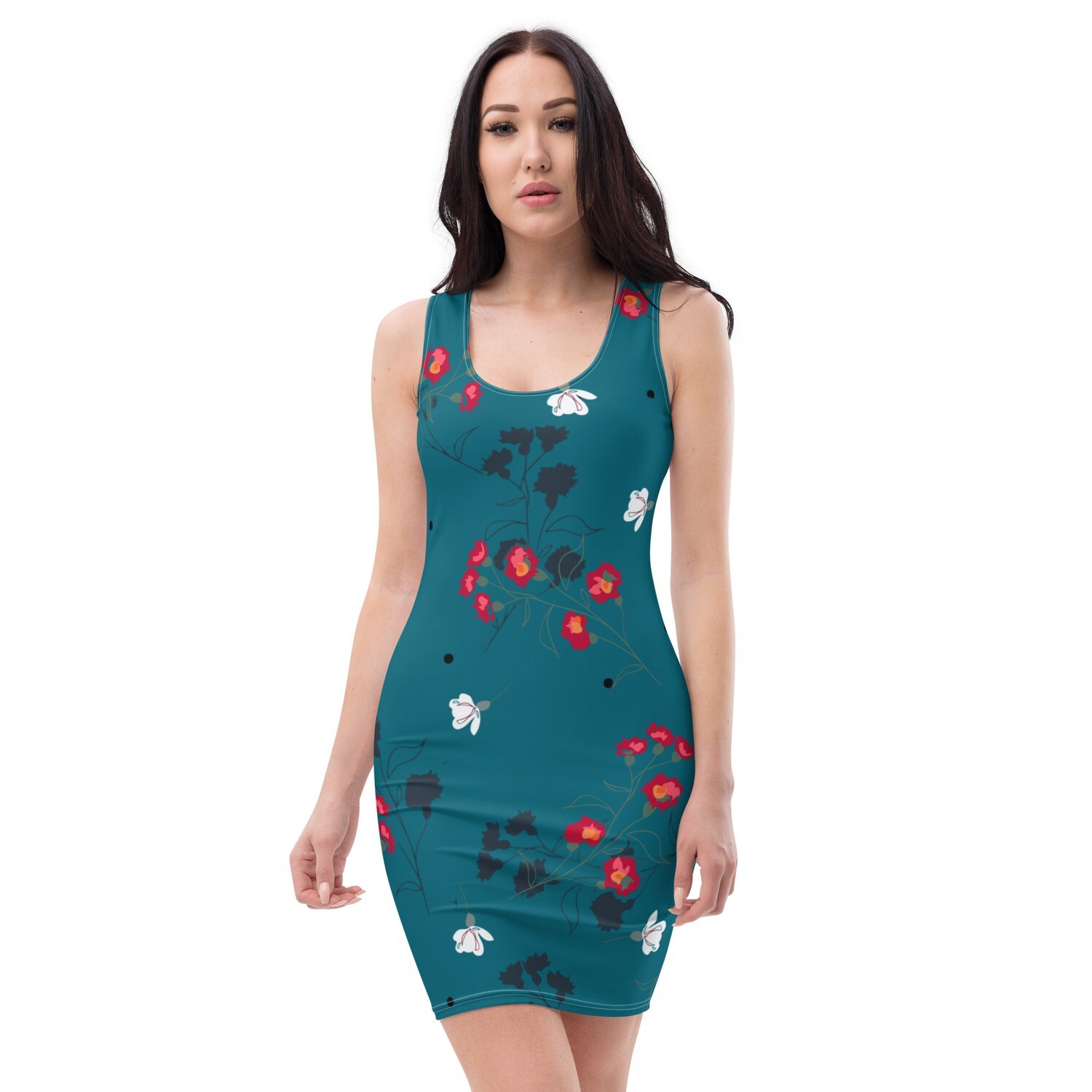 Turquoise stretchy mini dress with meadow flowers