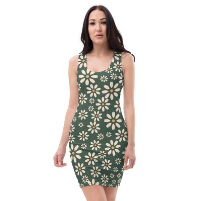 Olive green bodycon dress with retro daisy pattern