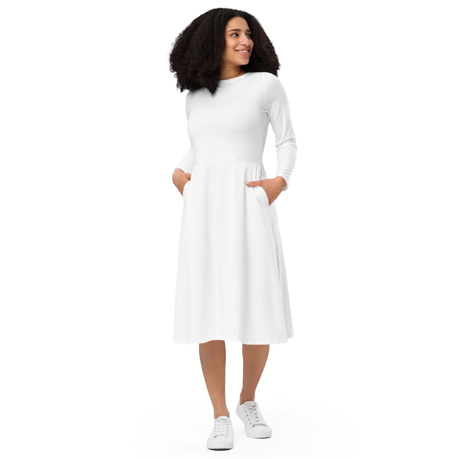White long sleeve midi dress with pockets - City Hall wedding dress