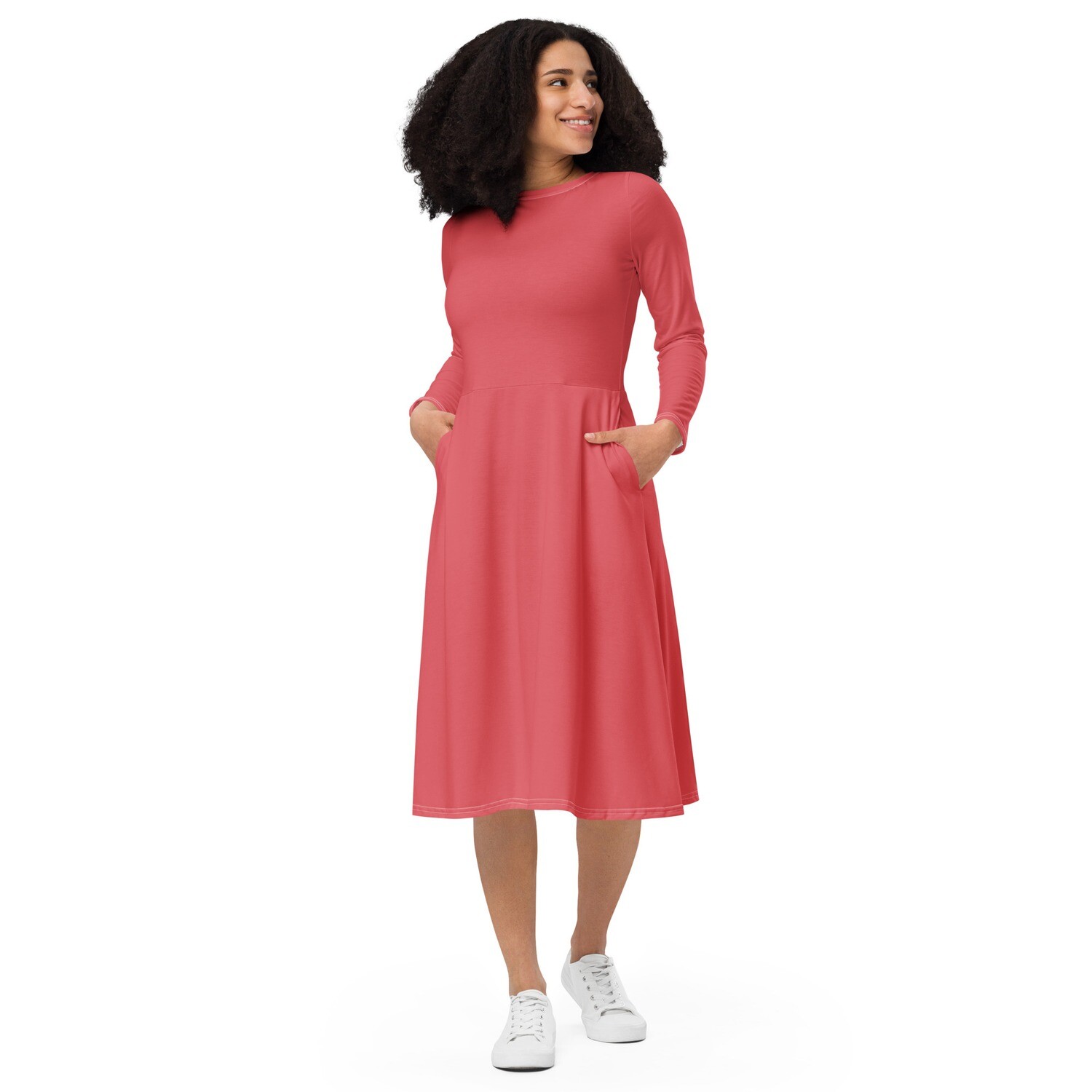Retro red long sleeve midi dress with pockets - spring dress