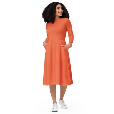 Orange long sleeve midi dress with pockets up to 6XL