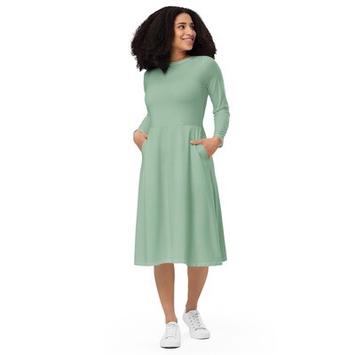 Pastel green long sleeve midi dress with pockets - versatile early spring dress