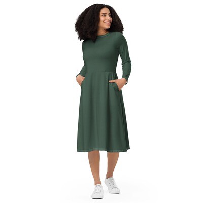 Olive green long-sleeve midi dress with pockets in sizes up to 6XL
