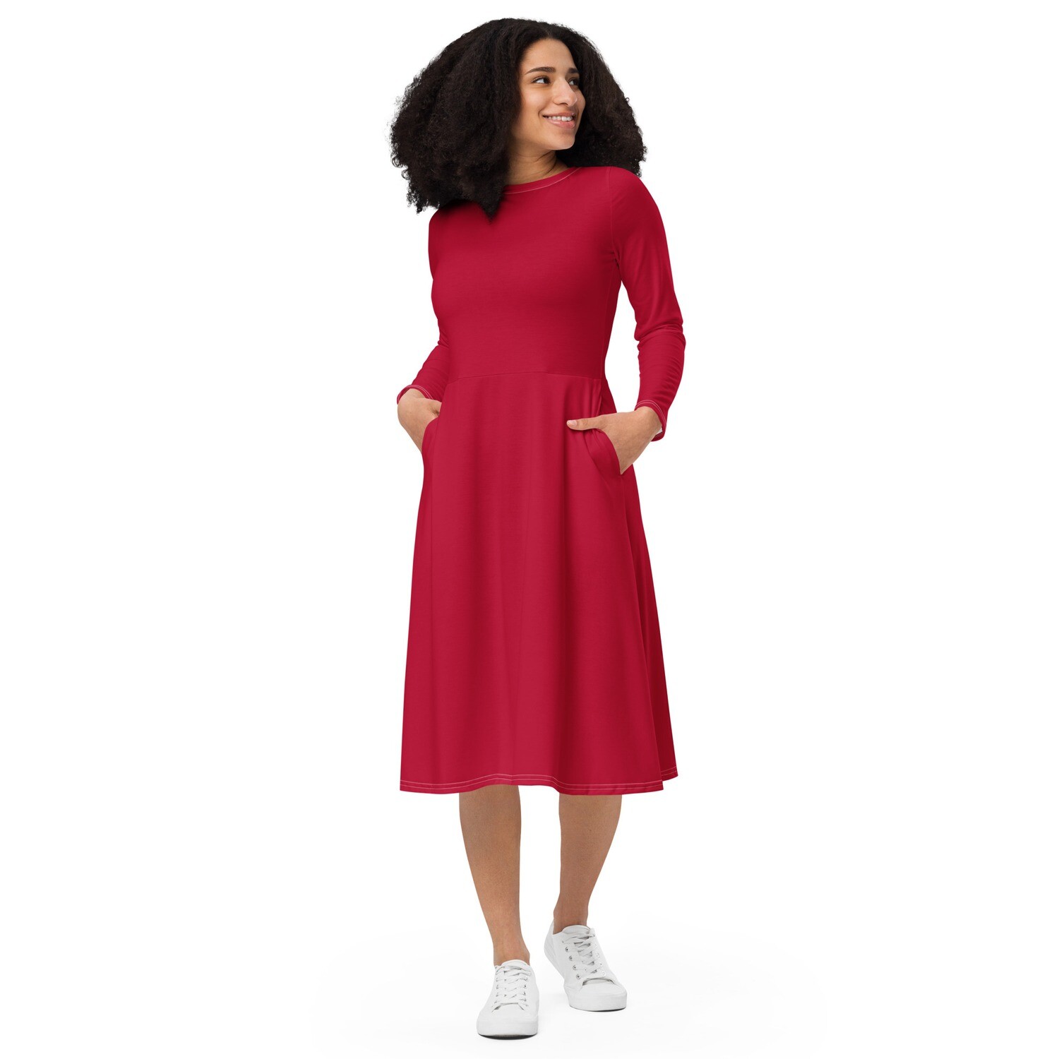Hibiscus red long sleeve midi dress with pockets up to 6XL