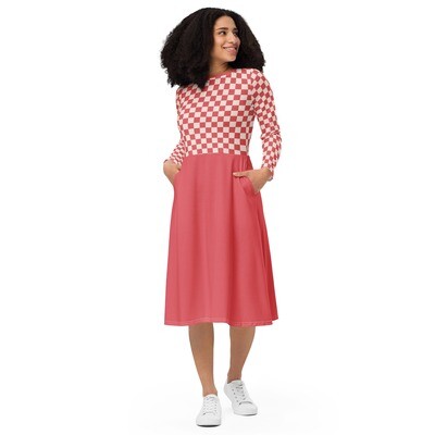 Retro red long sleeve midi dress with checkered pattern on top half