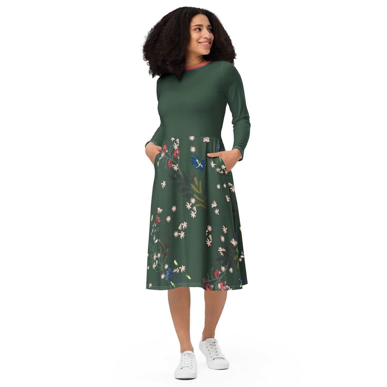 Olive green long-sleeve midi dress with retro red collar and meadow flowers on the bottom half