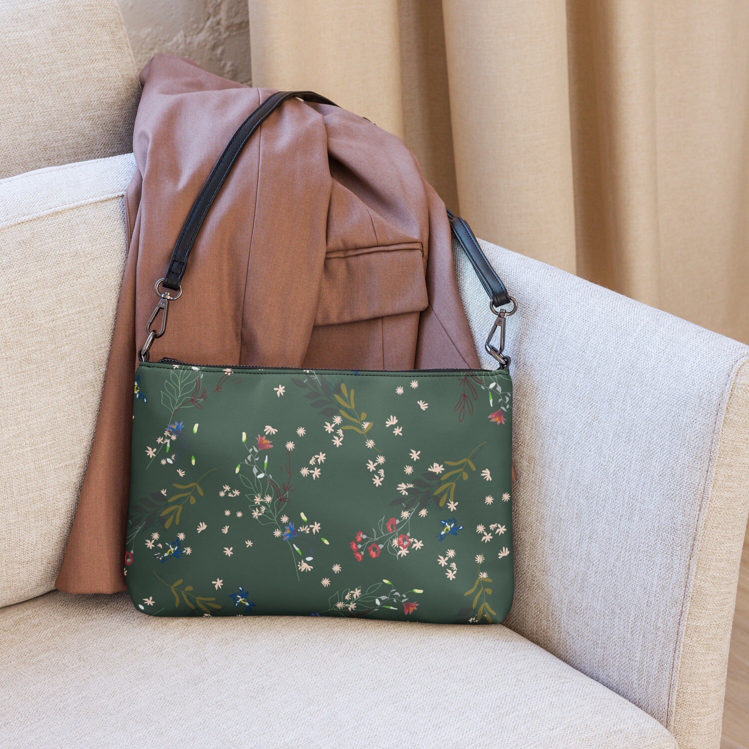 Olive green crossbody bag with meadow flowers
