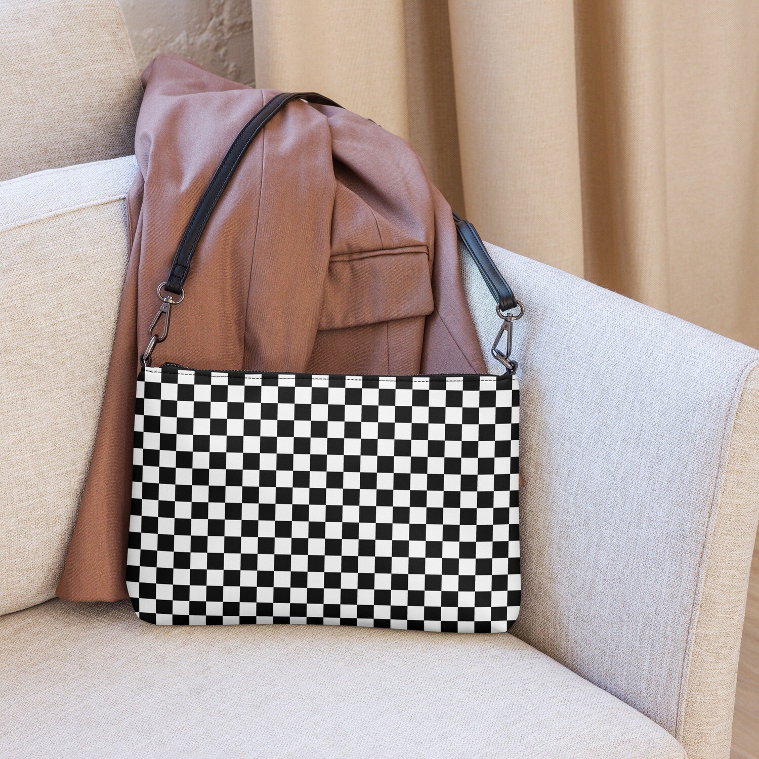 Black and white checkered faux leather crossbody bag