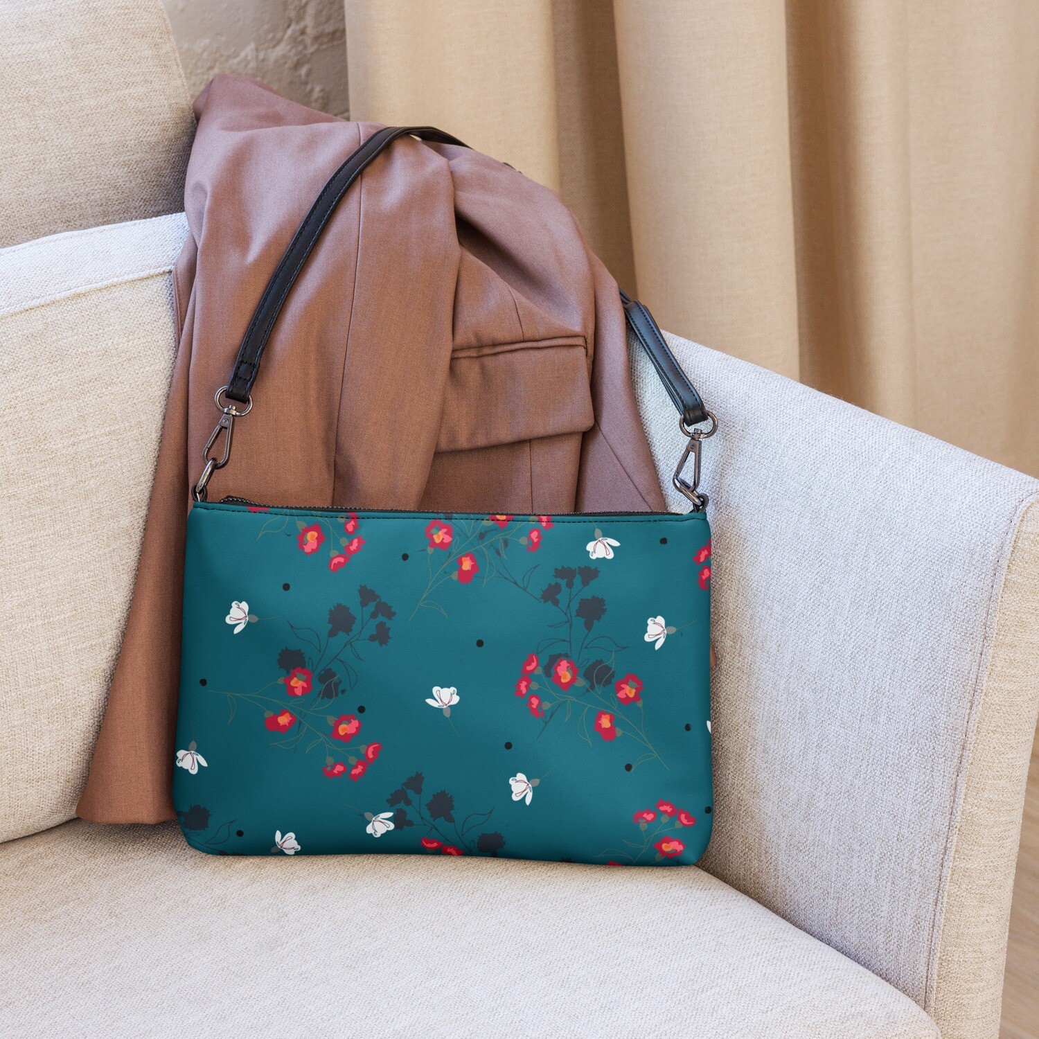 Dark turquoise crossbody bag with meadow flowers