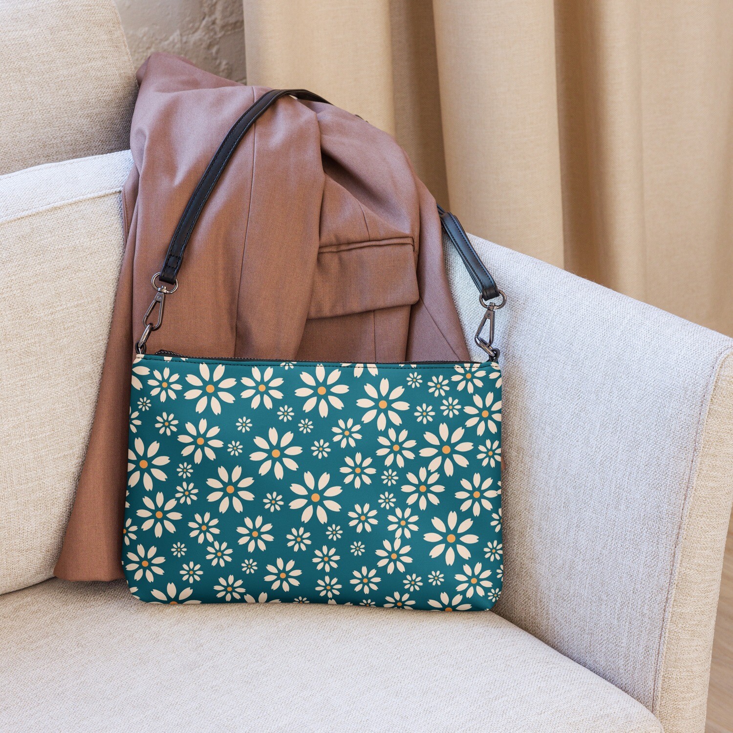 Retro turquoise crossbody bag with daisy pattern