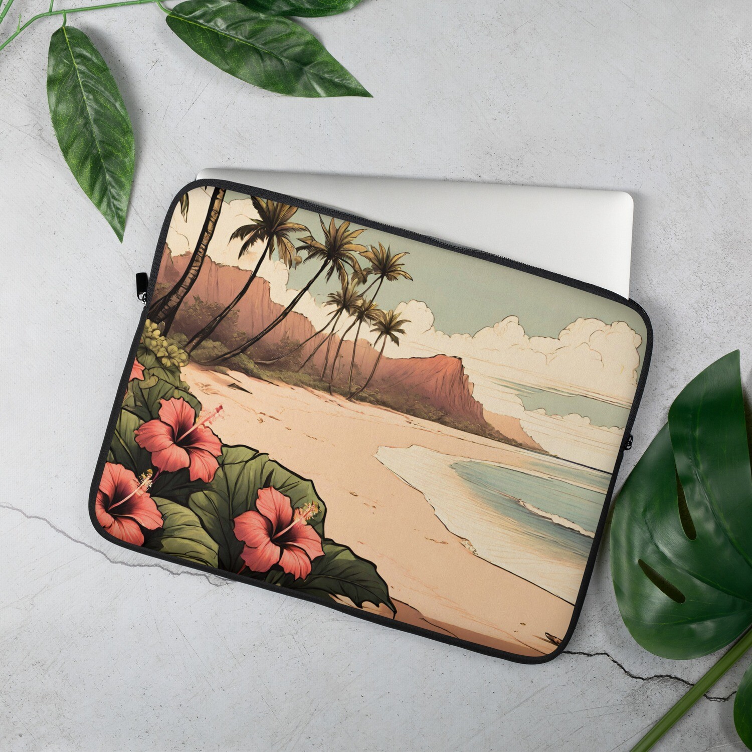 Laptop sleeve with Hawaiian landscape digital illustration