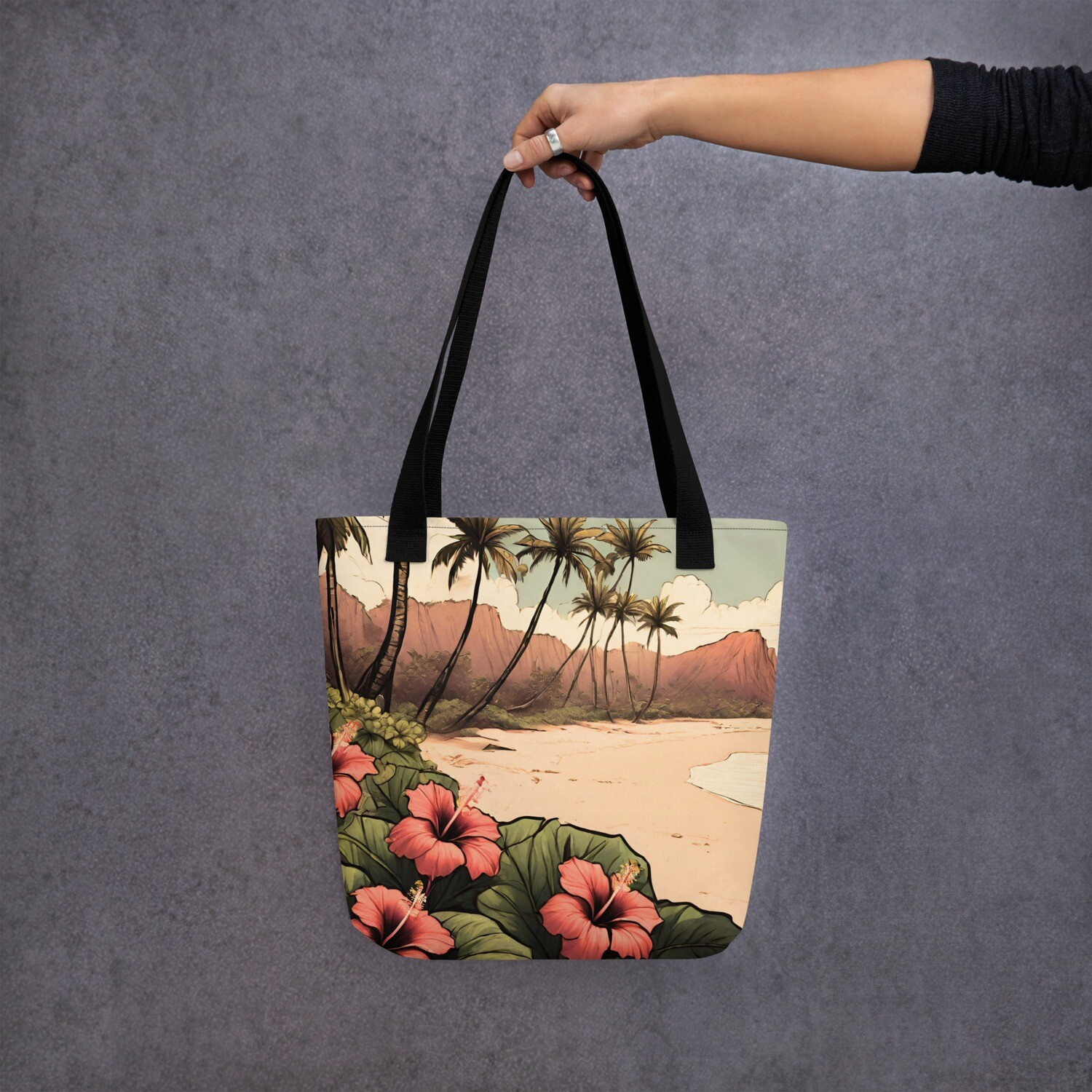 Tote bag with Hawaiian landscape digital illustration