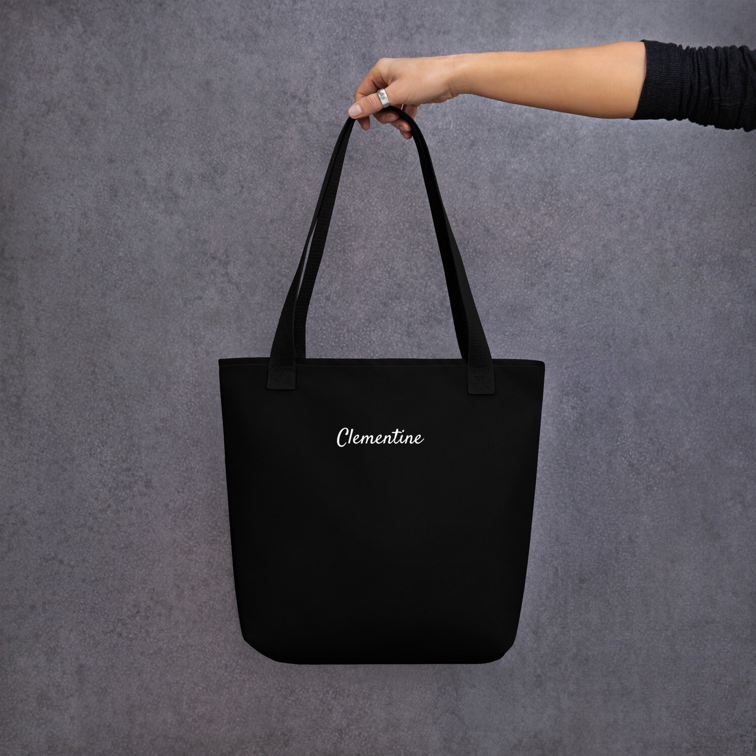 Black tote bag with custom name or text