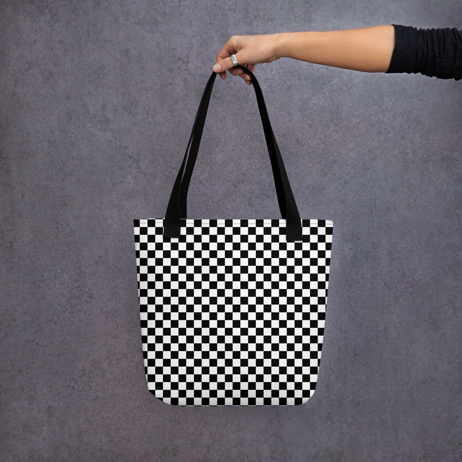 Black and white checkered tote bag