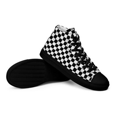 Men’s black and white checkered high-top canvas shoes with black or white soles