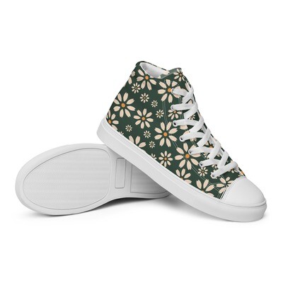 Women’s olive green high top canvas shoes with retro daisies