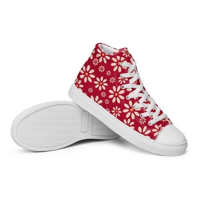 Women’s hibiscus red high top canvas shoes with retro daisies