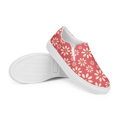 Women’s retro red slip-on canvas shoes with retro daisy pattern