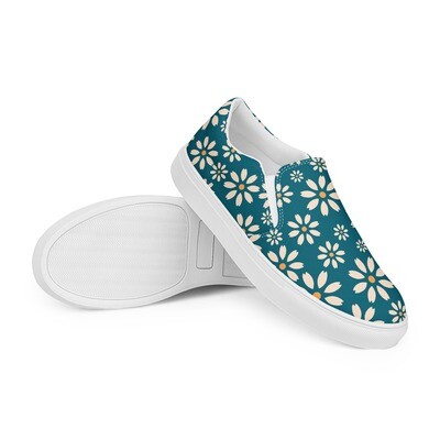 Women’s turquoise slip-on canvas shoes with retro daisies