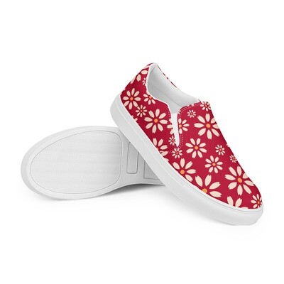 Women’s hibiscus red slip-on canvas shoes with retro daisies