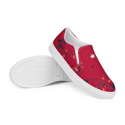 Women’s hibiscus red slip-on canvas shoes with meadow flowers