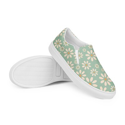 Women’s pastel green slip-on canvas shoes with retro daisies