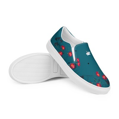 Women’s turquoise slip-on canvas shoes with meadow flowers