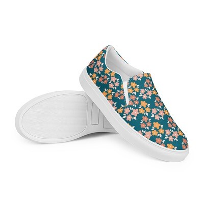 Women’s turquoise slip-on canvas shoes with retro flowers