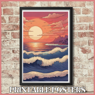 Printable retro art portrait of the ocean by Hawaii poster in 10 sizes (A3, 18x18'', 27x40'', etc.)