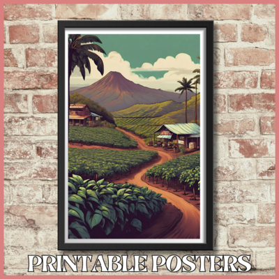 Printable retro art portrait of Kona Coffee Farms in Hawaii poster in 10 sizes (A3, 18x18'', 27x40'', etc.)