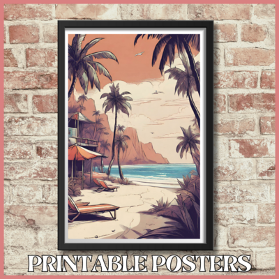 Printable retro tropical island poster in 10 sizes (A3, 18x18'', 27x40'', etc.)