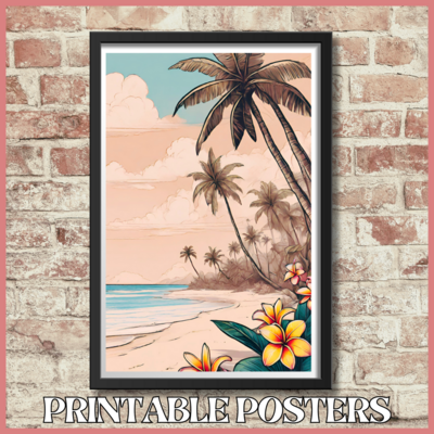 Printable retro poster of a tropical island with plumeria flowers in 10 sizes (A3, 18x18'', 27x40'', etc.)