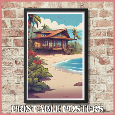 Printable retro poster of a tropical island beach home in 10 sizes (A3, 18x18'', 27x40'', etc.)