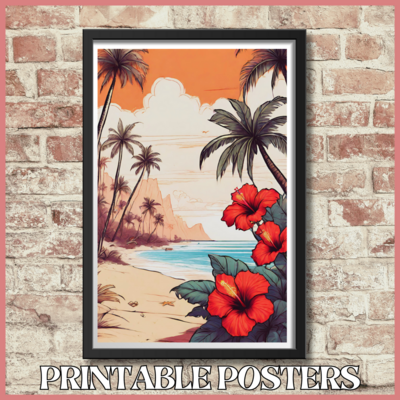Printable retro poster of a tropical island with hibiscus flowers in 10 sizes (A3, 18x18'', 27x40'', etc.)