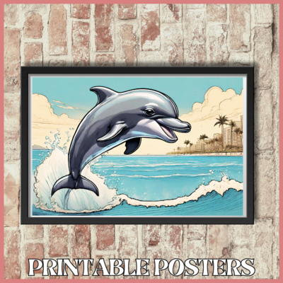 Printable retro art landscape poster of a dolphin near Honolulu, Hawaii in 4 sizes (A3, 18x18'', 40x27'', 18x12'')