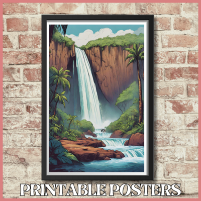 Printable retro poster of a waterfall in Hawaii in 10 sizes (A3, 18x18'', 27x40'', etc.)