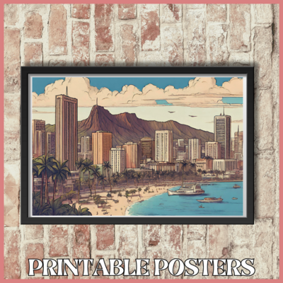 Printable retro art landscape poster of Honolulu Hawaii in 4 sizes (A3, 18x18'', 40x27'', 18x12'')