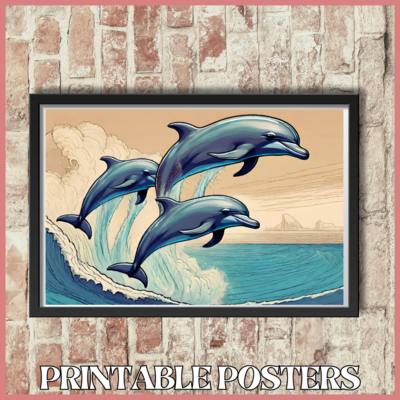 Printable retro art landscape poster of dolphins near Hawaii in 4 sizes (A3, 18x18'', 40x27'', 18x12'')