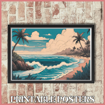 Printable retro art landscape poster of ocean near Hawaii in 4 sizes (A3, 18x18'', 40x27'', 18x12'')