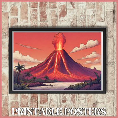 Printable retro art landscape poster of a volcano in Hawaii in 4 sizes (A3, 18x18'', 40x27'', 18x12'')