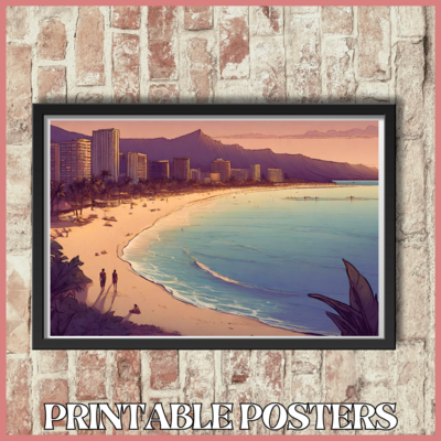 Printable retro art landscape poster of a Honolulu beach at dusk in 4 sizes (A3, 18x18'', 40x27'', 18x12'')