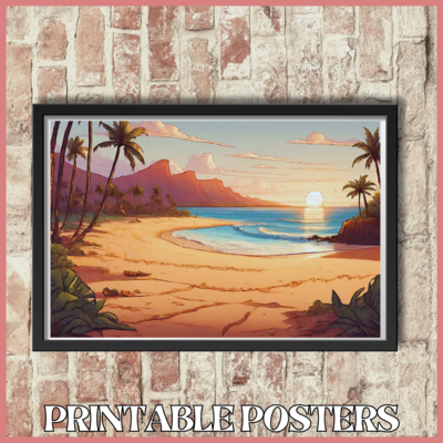 Printable retro art landscape poster of a Hawaiian beach at dawn in 4 sizes (A3, 18x18'', 40x27'', 18x12'')