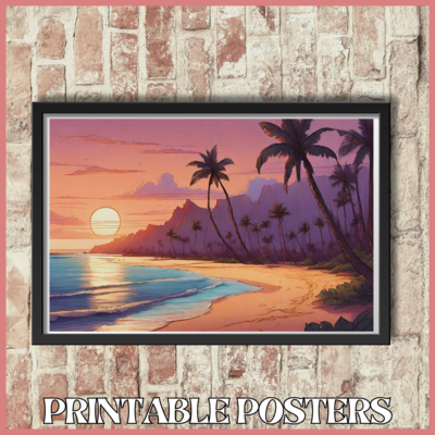 Printable retro art landscape poster of a Hawaiian beach at dusk in 4 sizes (A3, 18x18'', 40x27'', 18x12'')
