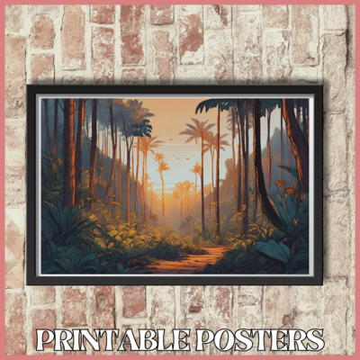 Printable retro art landscape poster of a Hawaiian forest at dawn in 4 sizes (A3, 18x18'', 40x27'', 18x12'')