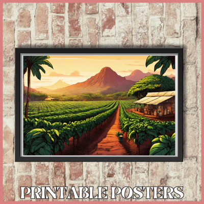 Printable retro art landscape poster of a Hawaiian coffee farm at dawn in 4 sizes (A3, 18x18'', 40x27'', 18x12'')