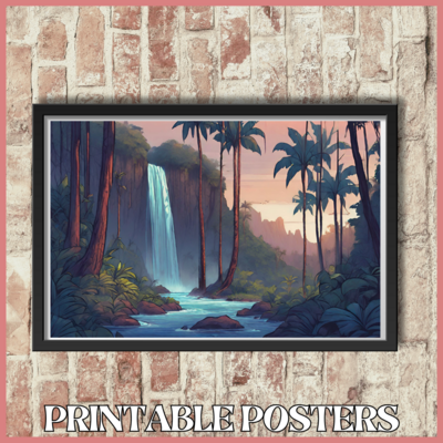 Printable retro art landscape poster of a Hawaiian waterfall at dusk in 4 sizes (A3, 18x18'', 40x27'', 18x12'')