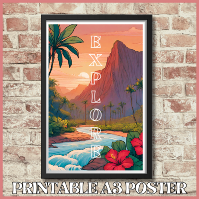 Printable motivational A3 poster with Hawaiian art - EXPLORE